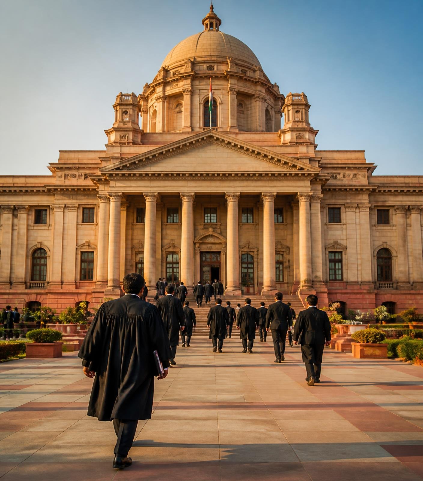 Indian advocates approaching a classical courthouse