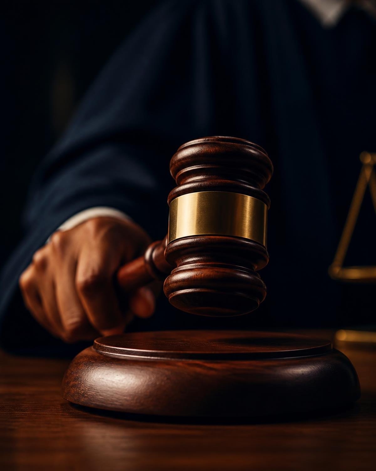Judge's gavel above a wooden sound block