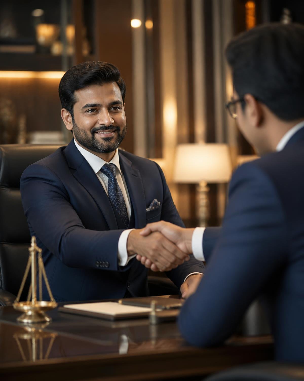 Business professionals shaking hands after reaching an agreement