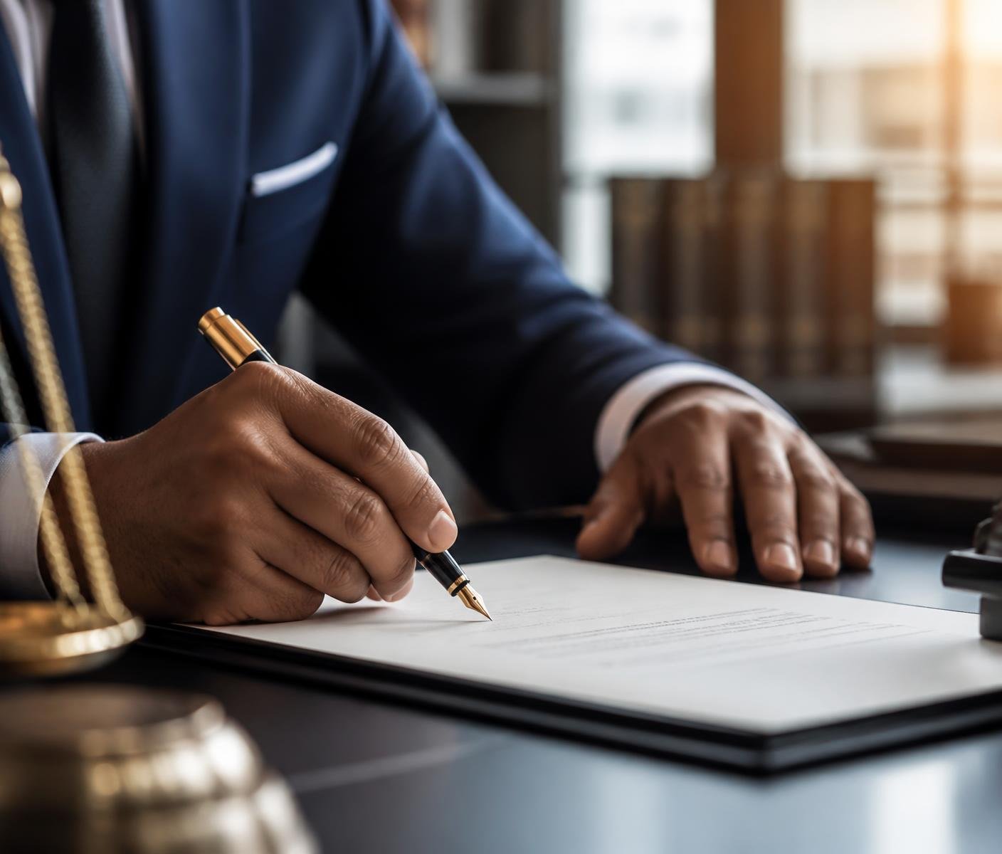 Lawyer signing a legal document with a premium pen